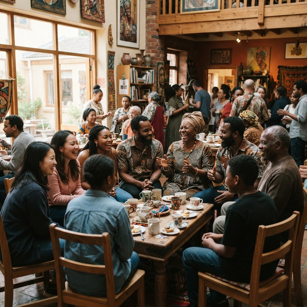 People of different generations and backgrounds connecting at a community gathering