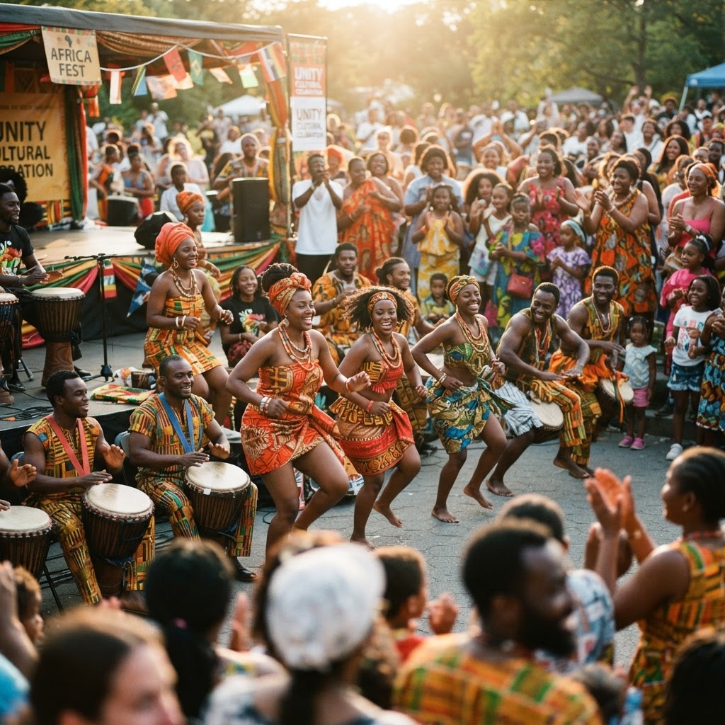 Dancers and drummers in colourful attire celebrating at an African cultural festival